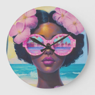 Grande Horloge Ronde Beauté tropicale dans les tons roses