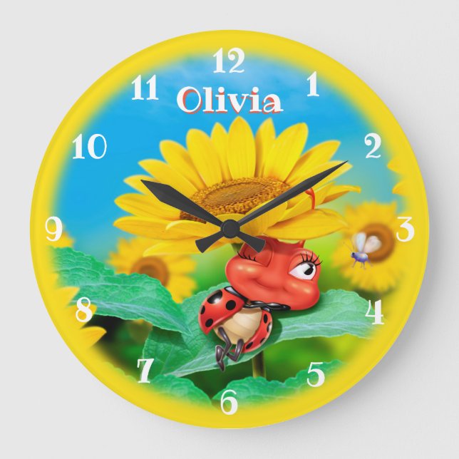 Grande Horloge Ronde Beautiful Ladybug snoozing on Sunflowers. (Recto)