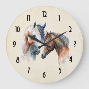 Grande Horloge Ronde Beaux Chevaux Style Boho Occidental