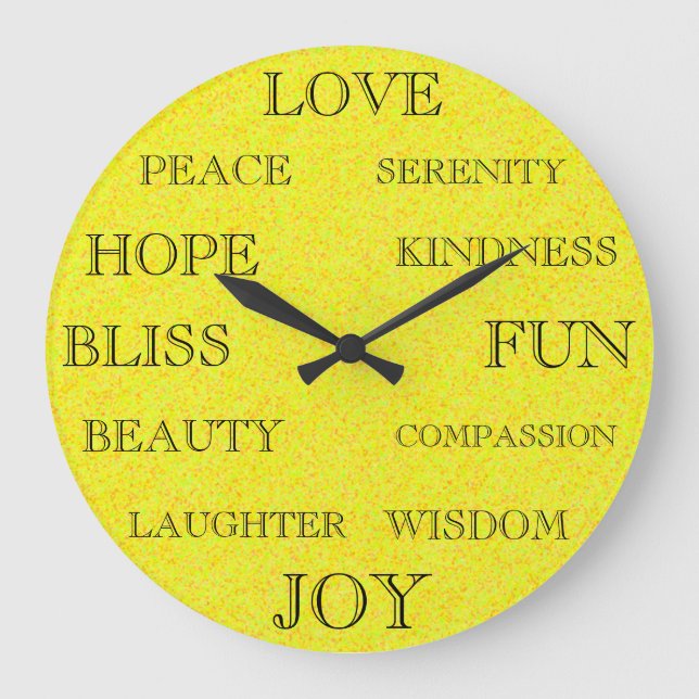 Grande Horloge Ronde Beaux Mots Inspirationnels Design Jaune (Recto)