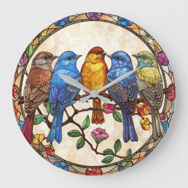 Grande Horloge Ronde Beaux Oiseaux Plante Verre Effet Peinture Art (Recto)