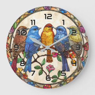Grande Horloge Ronde Beaux oiseaux plantes peinture artistique effet de