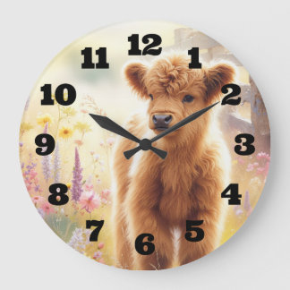 Grande Horloge Ronde Bébé adorable vache Highland dans un champ de fleu