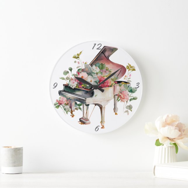 Grande Horloge Ronde Bébé blanc Grand Piano aquarelle (Maison)