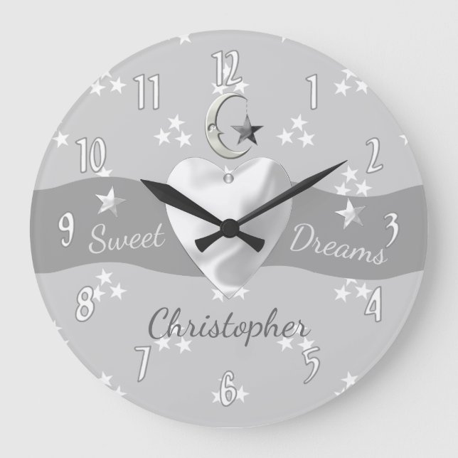 Grande Horloge Ronde Bébé étoiles et lune avec un nom (Recto)