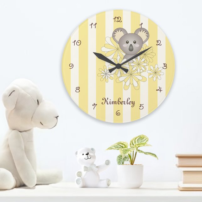 Grande Horloge Ronde Bébé Koala à Rayure Jaune Chambre de Nourrisson /  (Créateur téléchargé)