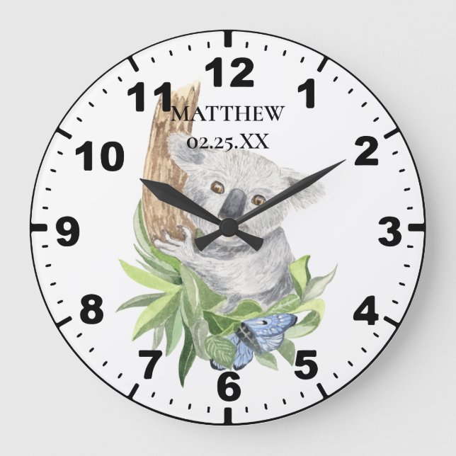Grande Horloge Ronde Bébé koala pour chambre de garçon (Recto)