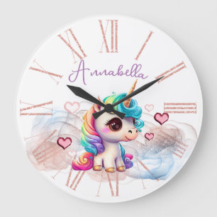 Grande Horloge Ronde Bébé licorne mignonne et cœurs