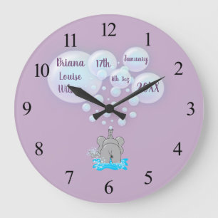 Grande Horloge Ronde Bébé mignon éléphant bulles Monogramme