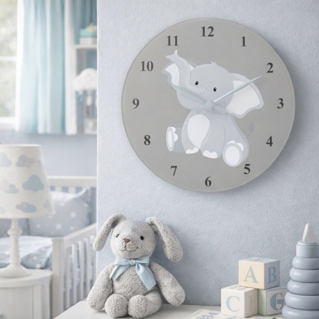 Grande Horloge Ronde Bébé mignon gris éléphant (Créateur téléchargé)