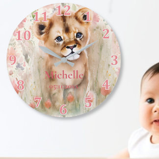 Grande Horloge Ronde Bébé mignon Lion Pastel Aquarelle Fleurs de printe