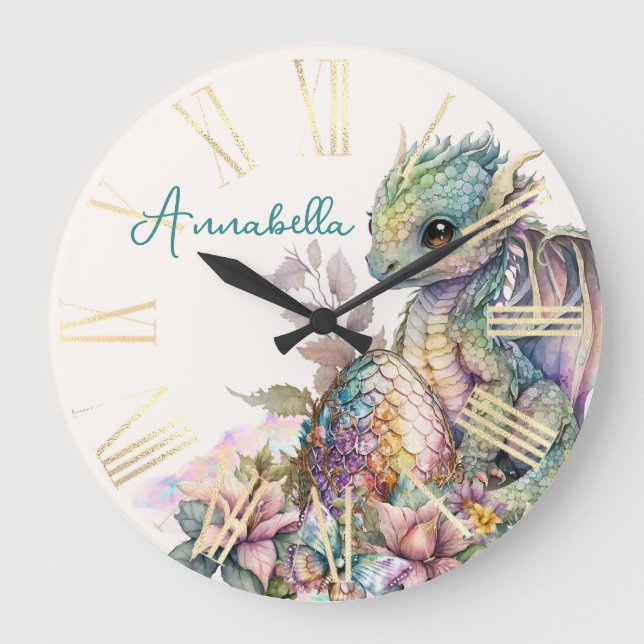 Grande Horloge Ronde Bébé mignon Oeuf Dragon (Recto)