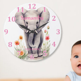 Grande Horloge Ronde Bébé mou Eléphant Pastel Aquarelle Fleur de printe