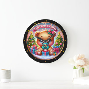 Grande Horloge Ronde Bébé Ours Noël avec Décor cadeau Thème de vacances