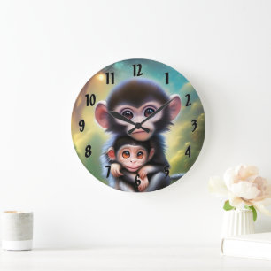 Grande Horloge Ronde Bébé singes