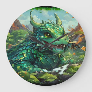 Grande Horloge Ronde Bébé vert Hawaiian Fire Dragon & Volcanoes