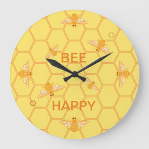 Grande Horloge Ronde Bee Happy honeybees on yellow honeycomb