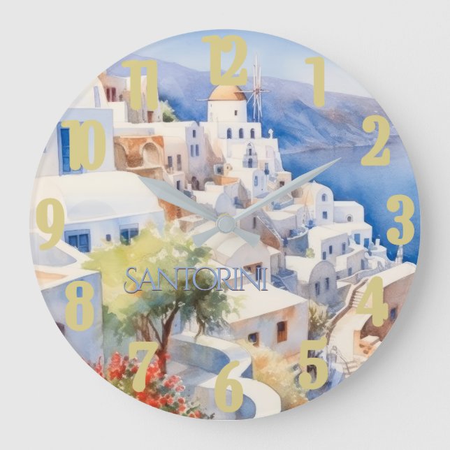 Grande Horloge Ronde Belle aquarelle Santorin Grèce Voyage (Recto)