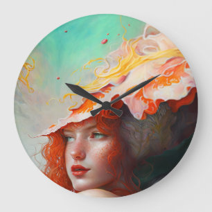Grande Horloge Ronde Belle artiste Abstraite Red Haired Ginger Girl