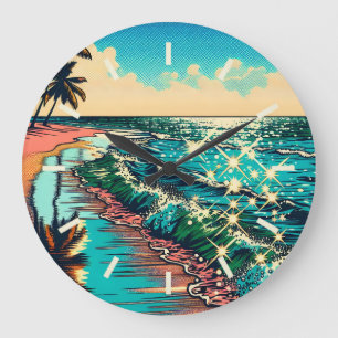 Grande Horloge Ronde Belle BD Pop Art Style Plage Scène