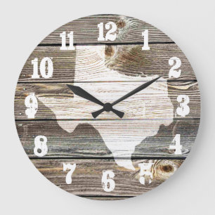 Grande Horloge Ronde Belle carte rustique du Texas en bois d'aspect aut