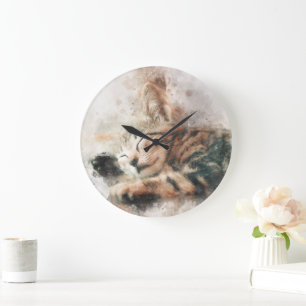 Grande Horloge Ronde Belle et mignonne chaton couchage aquarelle