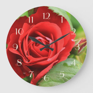 Grande Horloge Ronde Belle Fleur De Rose Rouge Floral Numéros Légers