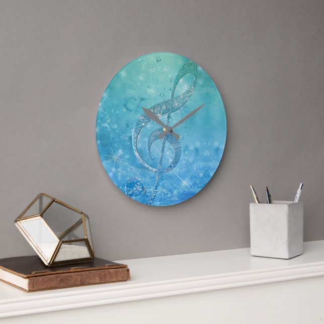 Grande Horloge Ronde Belle Glittery Blue Music Note Treble Clef (Bureau)