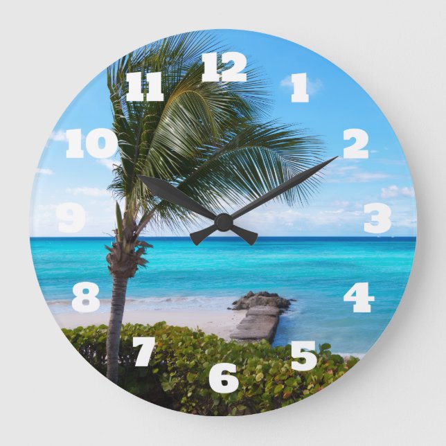 Grande Horloge Ronde Belle palme tropicale balayée par le vent de la pl (Recto)