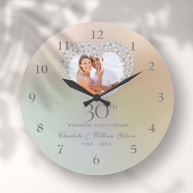 Grande Horloge Ronde Belle Pearl Heart Photo 30th Anniversary (Beautiful Pearl Heart Photo 30th Anniversary Large Clock)