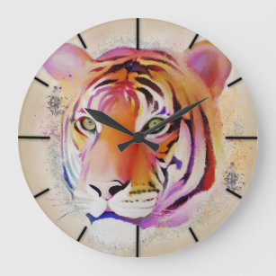 Grande Horloge Ronde Belle peinture couleur Tigre Aquarelle