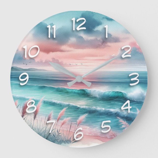 Grande Horloge Ronde Belle scène océanique en rose et bleu (Recto)
