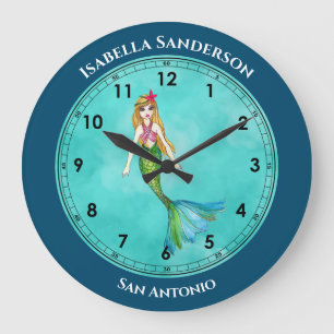 Grande Horloge Ronde Belle sirène avec cheveux longs