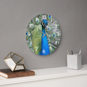 Grande Horloge Ronde Belles plumes de paon bleu