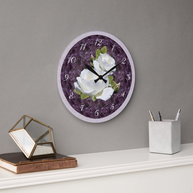 Grande Horloge Ronde Belles Roses Blanches (Bureau)