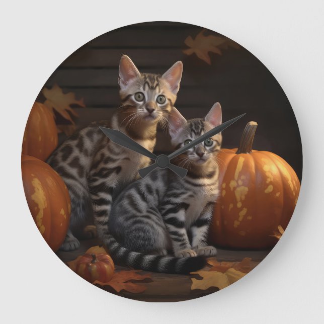 Grande Horloge Ronde Bengal Kitten Automne Citrouille de plaisir (Recto)