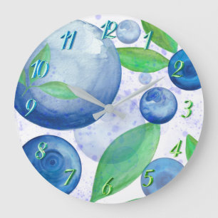 Grande Horloge Ronde Berry de fruits à l'aquarelle de bleuets
