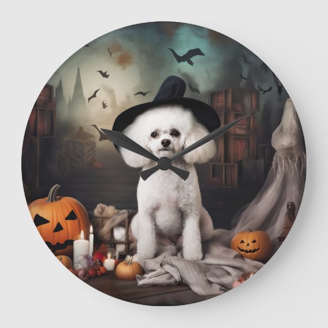 Grande Horloge Ronde Bichon Frise Citrouilles Halloween effrayant (Recto)