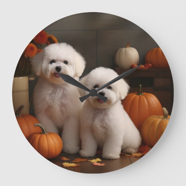 Grande Horloge Ronde Bichon Frise Puppy Automne Citrouille délice (Recto)
