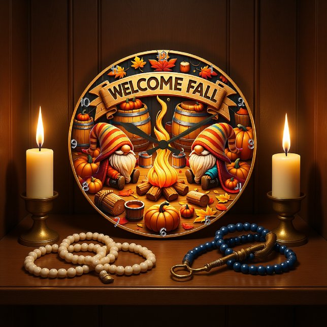 Grande Horloge Ronde Bienvenue Automne Gnomes (Créateur téléchargé)