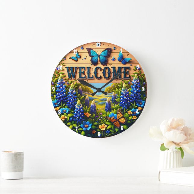 Grande Horloge Ronde Bienvenue Bleu Lupin Field Papillons (Maison)