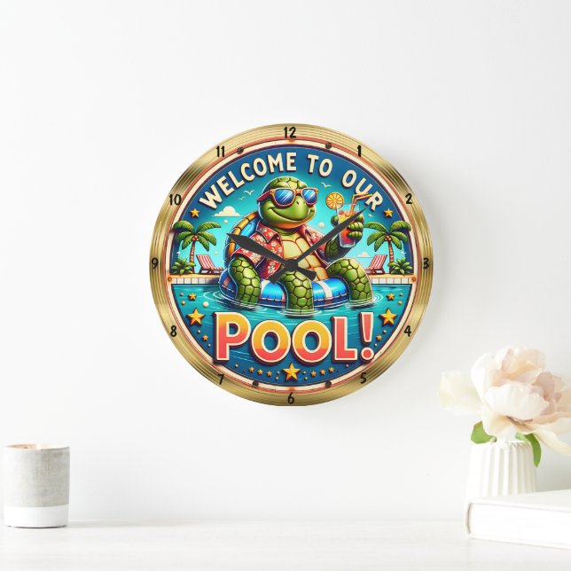 Grande Horloge Ronde Bienvenue Pool Turtle Party (Maison)