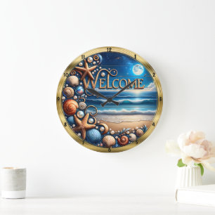 Grande Horloge Ronde Bienvenue Seashell Starfish Plage de la lune