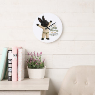 Grande Horloge Ronde Billy étire-toi le matin Lapin Rex noir mignon