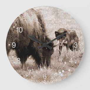 Grande Horloge Ronde Bison agressif et loup noir