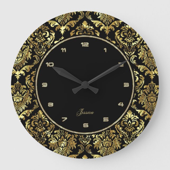Grande Horloge Ronde Black And Faux Gold Floral Damas (Recto)