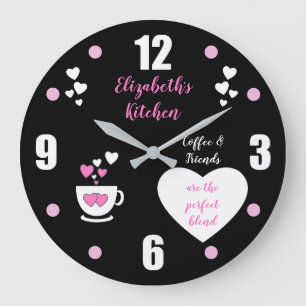 Grande Horloge Ronde Black and pink with a coffee cup hearts and a name