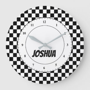 Grande Horloge Ronde Black and White Check Flag Large Clock