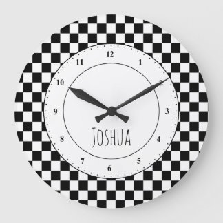Grande Horloge Ronde Black and White Check Flag Large Clock