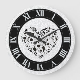 Grande Horloge Ronde Black and White Music Notes Heart Wall Clock